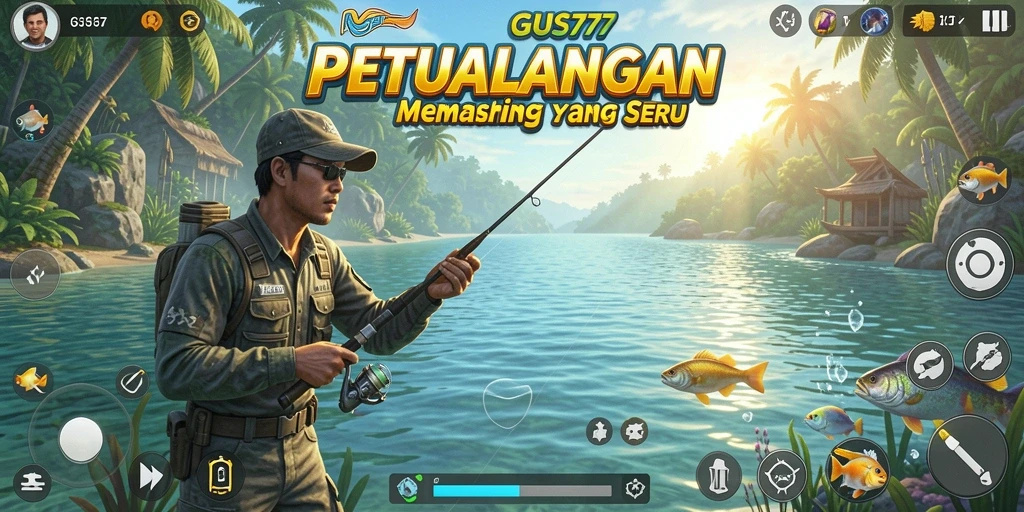 Tampilan antarmuka GUS77 saat menangkap ikan di danau yang indah.