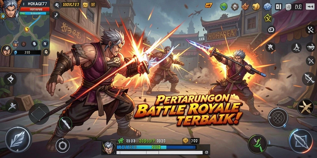 Tangkapan layar utama HOKAGE77 menampilkan aksi seru di medan perang Battle Royale.
