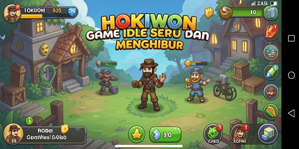 Screenshot HOKIWON menampilkan gameplay Idle yang menarik dan penuh warna.